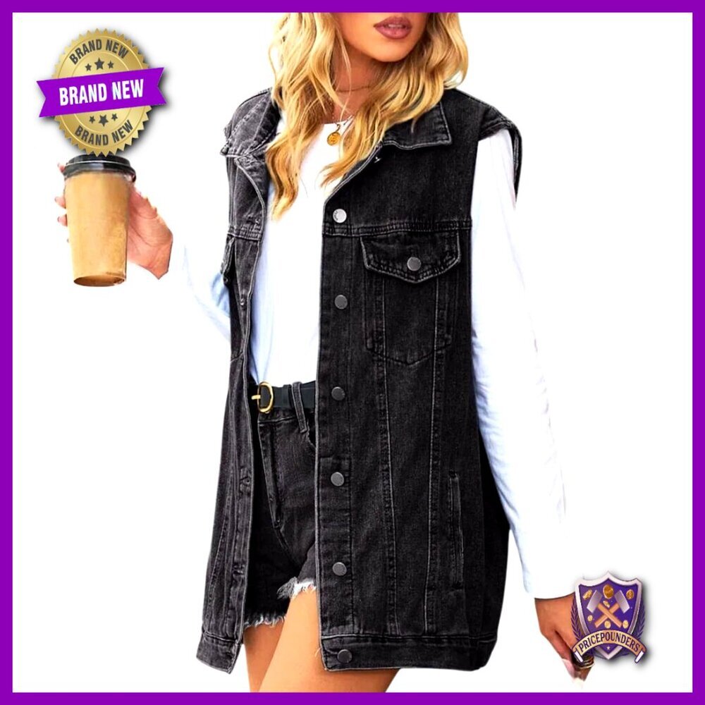 Oversized Denim Vest Button Down Waistcoat Detachable Hood Plus Size Casual
